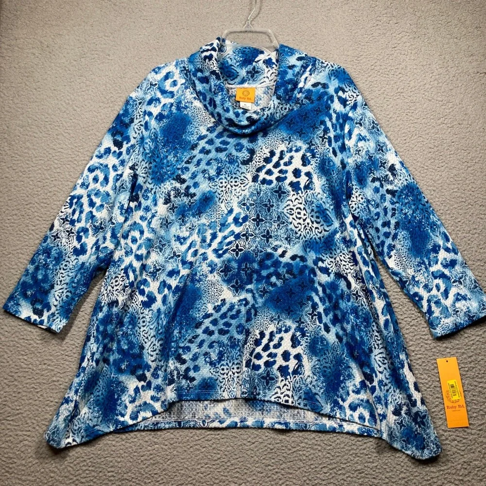 Ruby‎ Rd Tunic Top Womens XL Blue Animal Paisley Cowl Neck 3/4 Sleeve Sharkbite